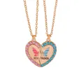Rose gold Best Friends heart puzzle necklace with pink and blue crystal butterfly accents - 心形拼接镶粉蓝水钻玫瑰金链