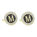 Elegant gold round cufflinks with black enamel, letter M, and white rhinestones - Style M