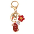 Cute rabbit keychain with peach blossom charm and carrot pendant in red gold finish - Love Luck Charm (D1358)