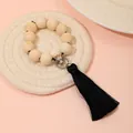 Beaded napkin ring with wooden beads silver leopard head and black silk tassel detail - Leopard Head Black Tassel Style (Z1205)