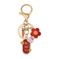 Lucky Chinese rabbit keychain with Wealth Amulet charm and red flower pendant - Wealth Charm (D1359)