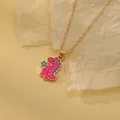 Pink and purple cartoon dinosaur pendant necklace for kids on a gold-tone chain - Pink Purple Dinosaur (A2889-15)