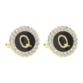 Golden round cufflinks with black enamel, letter Q, and sparkling crystal trim - Style Q