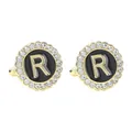 Elegant gold round cufflinks with black enamel inlay, letter R and crystal halo - Style R