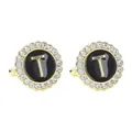 Classic gold cufflinks with black round inlay and diamond-set letter T design - Style T