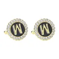 Golden round cufflinks with black enamel, white rhinestones and the letter W - Style W