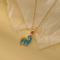 Charming gold-tone necklace featuring a teal enamel dinosaur pendant with a pink crown - Cyan Crown Dinosaur (A2889-21)