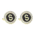 Gold letter S cufflinks with black enamel inlay and sparkling white rhinestones - Style S