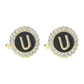 Men's round gold cufflink with black letter U, clear crystals and scalloped edge - Style U