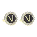 Elegant gold round cufflinks with black enamel and diamond-set letter V design - Style V