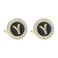Men's round gold cufflinks with black enamel center, letter Y and CZ stone border - Style Y