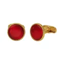 Elegantes gemelos redondos dorados con piedra roja y borde texturizado para traje de hombre - Rojo