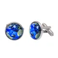 Silberne runde Manschettenknöpfe mit blauem Weltkarten-Design und Kristallglaskuppel - Silberne Basis Blau Abstrakte Erde (B1435-SI)