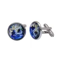 Polished silver cufflinks with round world map globe design and crystal glass cover - Silver Base Colorful Realistic Earth (B1436-SI)
