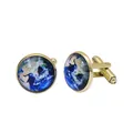 Golden round world map cufflinks with crystal dome and blue earth pattern inlay - Gold Base Colorful Realistic Earth (B1436-BR)