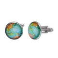Silver round world map cufflinks with crystal glass dome for men shirt sleeves - Silver Base Vintage World Map (B1437-SI)