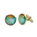 Golden round cufflinks with world map pattern and crystal glass dome for men - Gold Base Vintage World Map (B1437-BR)