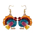 Colorful turkey drop earrings with festive enamel design and golden metal hooks - Red Orange Blue Pink Style (F1489)