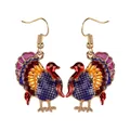 Golden Thanksgiving turkey drop earrings with colorful enamel feathers and hooks - Blue Purple Gold Yellow Style (F1493)