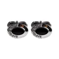 Silver cufflinks for men with black enamel oval center and white crystal accents - Oval Black Enamel Half Circle Rhinestone Style (B1447)