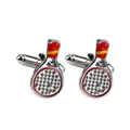 Silver metal padel racket cufflinks with red and yellow enamel details for men - Padel Racket Shape Style (B1448)