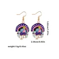 Colorful turkey drop earrings with gold plating and dimensions shown on white background - Purple Pink Blue Style (F1497-PU)