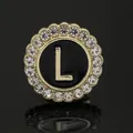 Letter L round crystal cufflinks with golden metal base and black enamel finish - C2173-L Brooch
