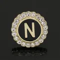 Elegant gold round brooch with black enamel letter N and crystal rhinestones - C2173-N Brooch