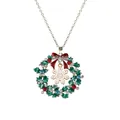 Collana ghirlanda di Natale argento con foglie di smalto verde e cristalli colorati - Stile Fiocco di Neve (A3043-4)
