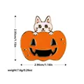 Halloween enamel pin featuring a white cat and pumpkin design with size measurements - C2328-7