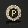 Golden letter P round brooch with black enamel inlay and sparkling crystal border - C2173-P Brooch