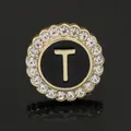 Elegant gold round brooch with black enamel, letter T design and sparkling rhinestones - C2173-T Brooch