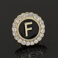 Golden round brooch with black enamel letter F and sparkling crystal rhinestones - C2173-F Brooch