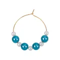 Golden round hoop earrings with alternating blue and white pearls on white background - Blue And White Pearl Style (Z1312-1-BLU)