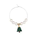 Silver wine glass charm with white pearls and a green Christmas tree pendant - Green Christmas Tree Style (Z1311-7-GR)