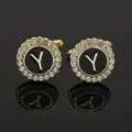 Elegant gold round cufflinks with black enamel and letter Y crystal border detailing - B1396-Y Cufflinks