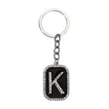 Llavero con letra K decorado con brillantes pedrería y colgante negro en anillo plateado - Letra K