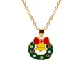 Festive gold necklace featuring a green Christmas wreath pendant with a red bow and bell - Christmas Wreath Style (A3048-6) / Gold