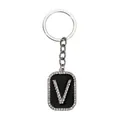 Llavero con letra V plateada con fondo de esmalte negro y pedrería de imitación - Letra V