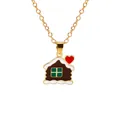 Christmas gold necklace featuring a detailed gingerbread house pendant with snow icing - Brown Gingerbread House (A3048-28-BR) / Gold