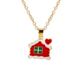Christmas necklace featuring a red enamel snow-covered house pendant with heart detail - Red Snowy House Style (A3048-28-RE) / Gold