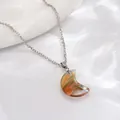 Detailed shot of crescent pendant with resin inlay on silver chain necklace - Orange Green Natural Texture Crescent (A3062-5)
