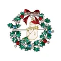 Christmas wreath snowman brooch with green enamel leaves and sparkling crystal accents - Christmas Wreath Snowman (C2332-2)