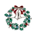 Christmas wreath brooch with green enamel holly leaves, red bow and silver bell - Christmas Wreath Bell (C2332-4)