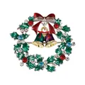 Christmas wreath brooch with green leaves, red bow and colorful rhinestones in gold finish - Christmas Wreath Double Bells (C2332-5)