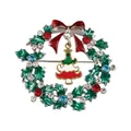 Christmas wreath brooch with red enamel bow, colorful rhinestones and tree pendant - Christmas Wreath Xmas Tree (C2332-6)