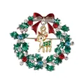 Christmas wreath brooch with green holly leaves, red bow, and gold deer pendant - Christmas Wreath Golden Deer (C2332-7)