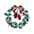 Christmas wreath brooch with green enamel holly leaves, red bow, and dangling glove charms - Christmas Wreath Glove (C2332-8)