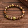 8mm natural leopard jasper beaded bracelet with a 3D golden lion head charm - Lion Head Leopard Skin Jasper Style (G1291-8)