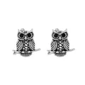 Silver owl cufflinks with detailed feather texture and black eyes on white background - Owl On Branch (B1467-2)